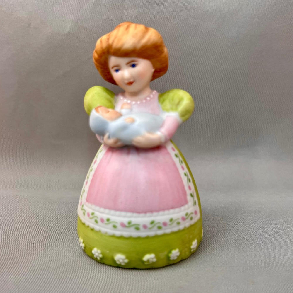 Avon A Mothers Love Porcelain Bell 1988 Green Pink Excellent Vintage Figurine